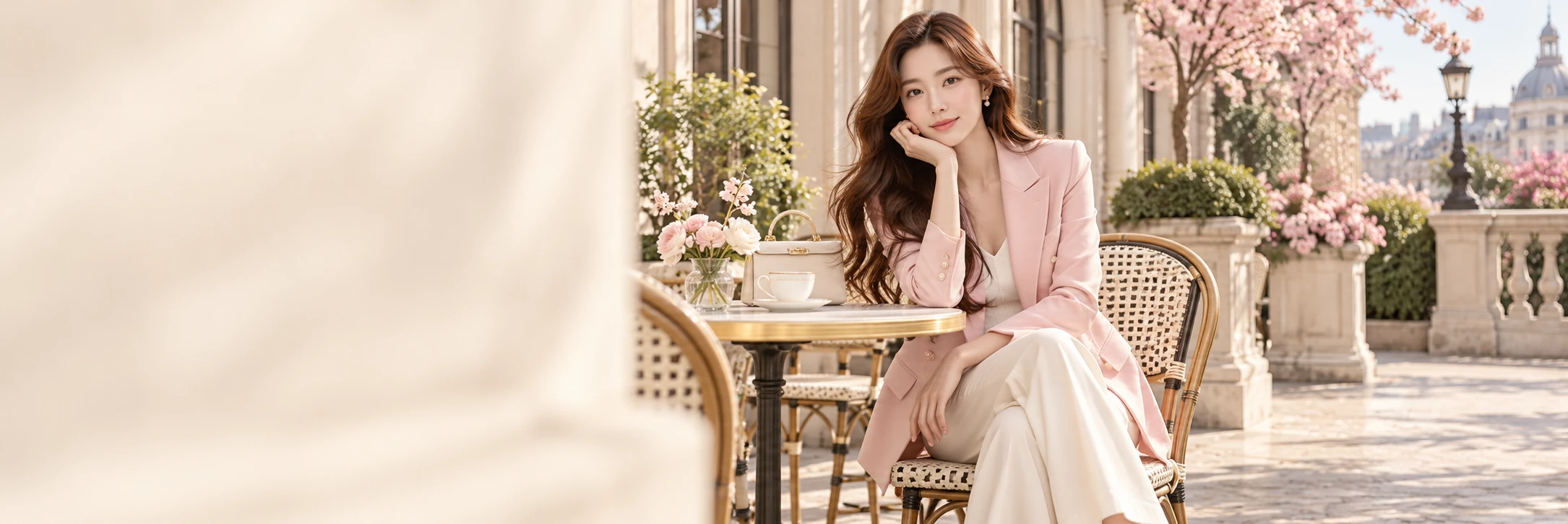 핑크 재킷과 아이보리 팬츠 도시 화보