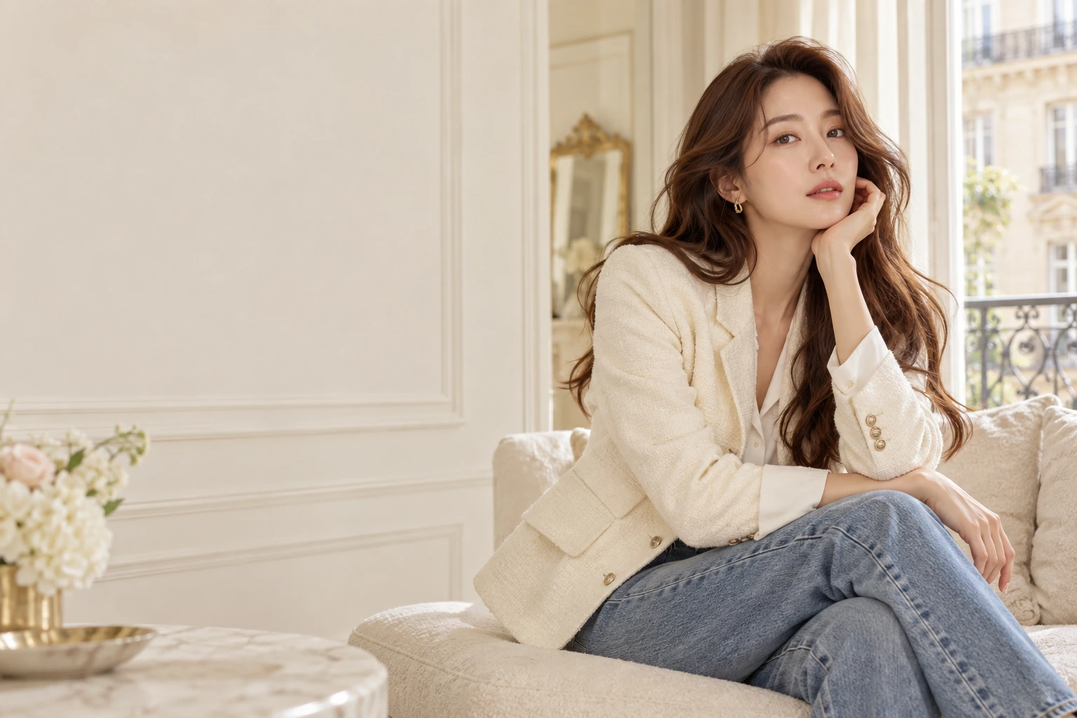 아이보리 재킷과 데님을 코디한 아우터 화보